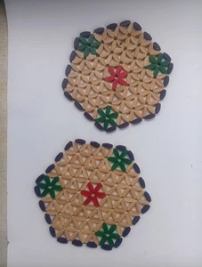 2 Vintage Boho Beaded Bamboo Wood Circle Floral Trivets Hot Plate Pot Holder Mat - Picture 1 of 1