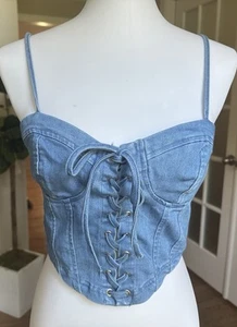 Iris Denim Tank Top Shirt Sleeveless Lace Up Stretch Size Large - Picture 1 of 9