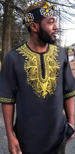 Black and Yellow African Embroidered Dashiki Shirt-DP3781Y - Picture 1 of 4