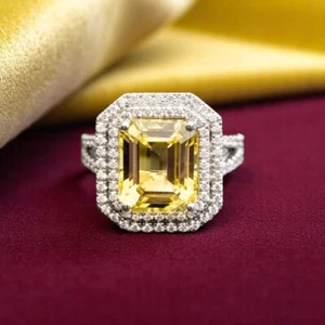 Ehering 9,20 kt Smaragdschliff im Labor gezüchteter gelber Saphir echter Diamant Platin - Bild 1 von 9