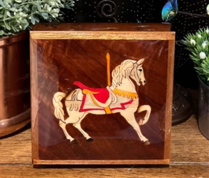 RARE Vintage Inlaid Wood Carousel Horse Jewelry Music Box Capra Industries USA - Picture 1 of 12