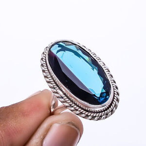 Bi-Colour Blue Topaz Designer Handmade 925 Sterling Silver Ring S.9 R944621973