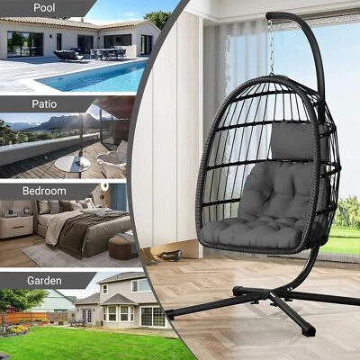 SIGNZWORLD Rattan Egg Chair Foldable Hanging Swing Chair Hammock for Bedroom Patio Garden