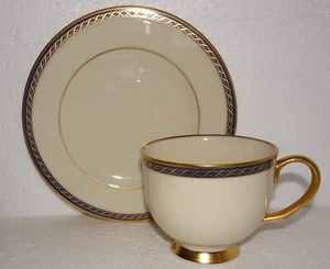 LENOX Hamilton Bread Plate & Footed Cup Twisted Gold Lines On Blue Band - Picture 1 of 5