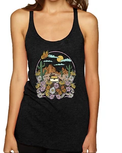 Camiseta sin mangas de moda paisaje con margaritas cactus monarca mariposa espalda cruzada - Imagen 1 de 12