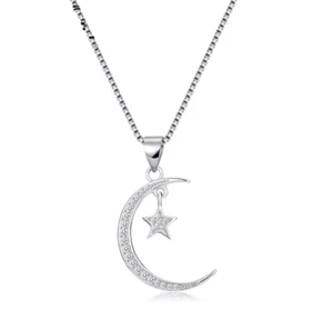 925 Sterlingsilber CZ Halbmond Mond Stern Anhänger Halskette 18" Kette Geschenk PE54 - Bild 1 von 6