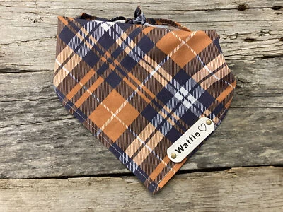 Dog Bandana, Plaid Winter Orange Blue White, White Leather Personalized Name Tag - Image 1 of 4