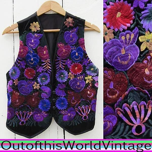 Vtg PURPLE FLORAL EMBROIDERED VEST velvet hippie GYPSY BOHEMIAN ornate boho Sz M - Picture 1 of 6