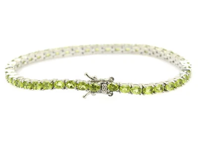 Natural 4X3MM Oval Cut Peridot Gemstone 925 Solid Silver Tennis Bracelet Jewelry - Image 1 of 4