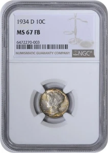 1934-D Mercury Silver Dime MS67FB NGC - Picture 1 of 4