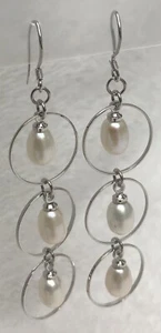Dangle Cultured Pearl French Wire Earrings Creamy White Sterling Silver - Picture 1 of 7