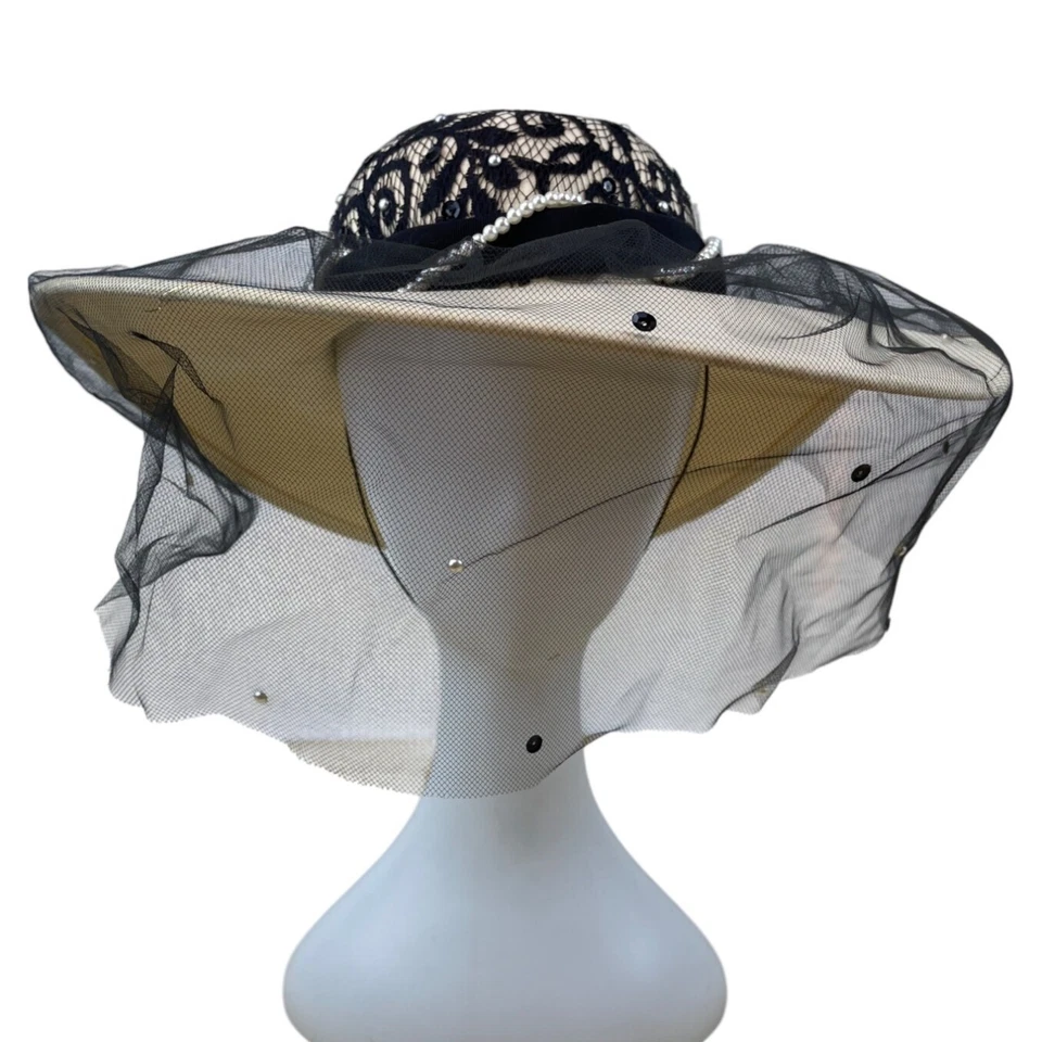 Whittall & Shon Vintage Black Lace & Pearls Wide Brim Hat Netting Floral Accent - Image 1 of 4