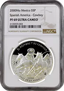 Mexico 5 pesos 2000, NGC PF69 UC, "Spanish America - Cowboy" silver coin - Picture 1 of 2