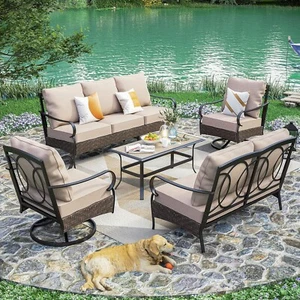 5 Piece Patio Furniture Set Outdoor Conversation Set for Lawn Backyard 7-Seats - Picture 1 of 9