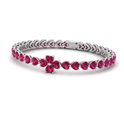 3.30Ct Heart Cut Lab-Created Pink Ruby Heart Bracelet 14k Yellow Gold Plated - Image 1 of 3