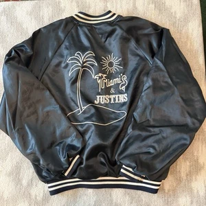VTG 80s Hartwell Satin Bomber Jacket Lined XL Navy Miami’s & Justin Logo - Picture 1 of 20