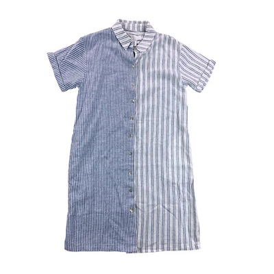 Новый без ценников C & C California XS рубашка платье синий белый в полоску льняной смеси Beach School - Изображение 1 из 4