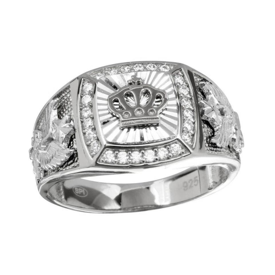 Anillo corona plata esterlina 925 para hombre circonita cúbica rodio hip hop estilo águila real Foto 1 de 1