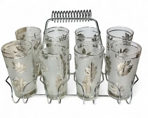 Juego de 8 vasos esmerilados Libbey hoja de plata con soporte MCM de colección - Imagen 1 de 6