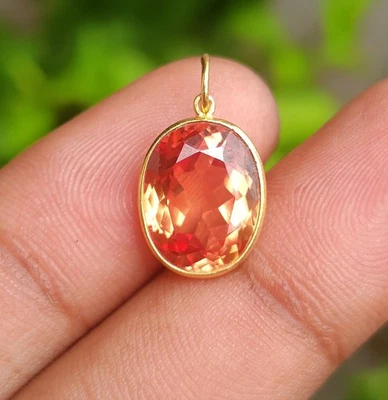 Orange Sapphire Gemstone 18K Solid Gold Charm Pendant, Handmade Necklace Pendant - Image 1 of 4
