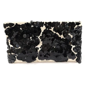 Prada Beige Satin Black Sequin Flower Decor Clutch CO92635PR 138879479 - Picture 1 of 7