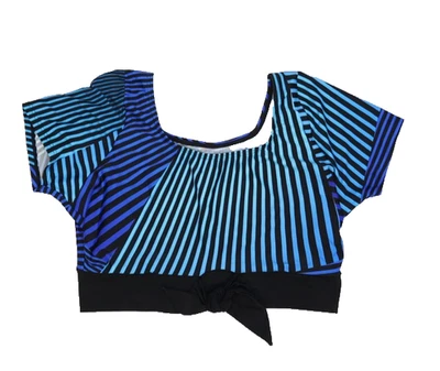 Venus 游泳上衣女式 14 蓝色黑色条纹短袖领带前作物泳装 — 第 1/4 张图片