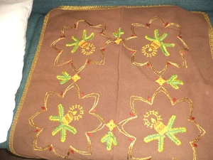Vintage Embroidered Christmas Card Table Tablecloth Brown Gold Candles 29 x 29" - Picture 1 of 4