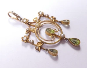 Colgante antiguo peridoto y perla eduardiano 9 quilates oro rosa - Imagen 1 de 6
