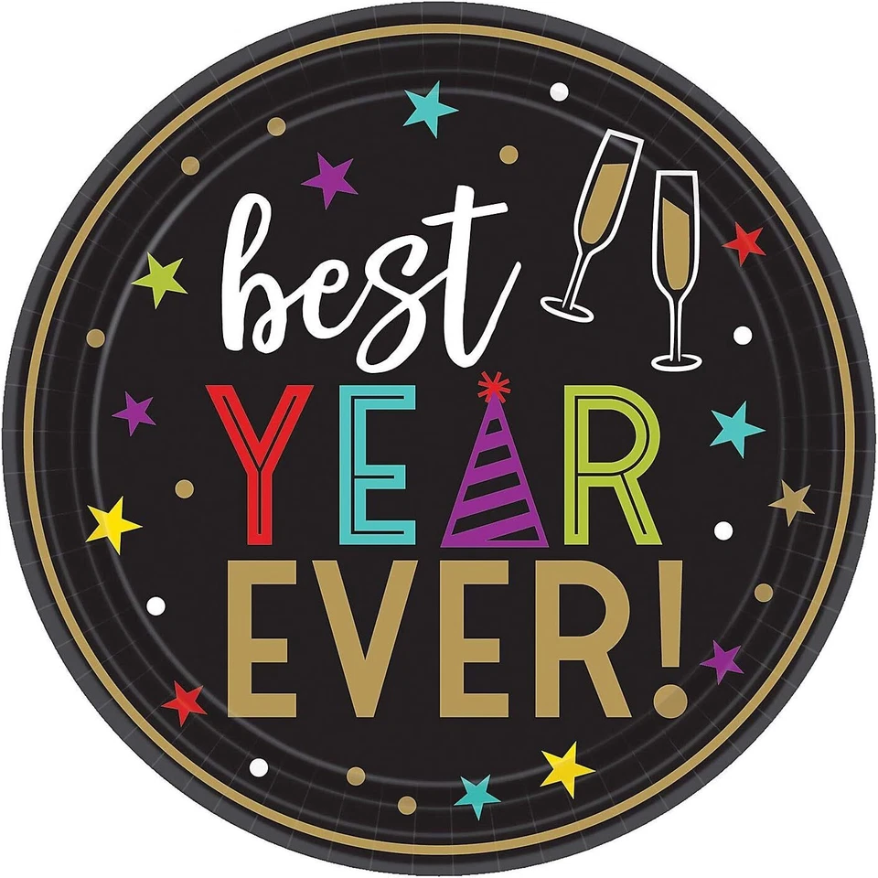 Bright NYE Happy New Year Year's Eve Holiday Party Bulk 7" Paper Dessert Plates - Image 1 of 1
