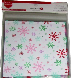 CHRISTMAS Treat Bags By Celebrate -It ~ COLORFUL SNOWFLAKES ~50 Ct.~5.5" X 6.6" - Picture 1 of 1
