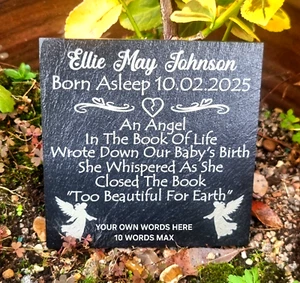 Born sleeping memorial Personalised Angel Baby Boy Girl slate plaque Gravestone - Picture 1 of 12