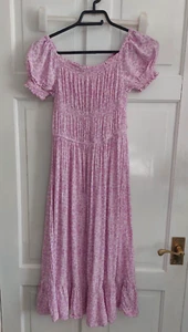 M&S Pink Ditsy Floral Puff Sleeves Frill Hem On Off Shoulder Dress 10-11 Years - Picture 1 of 9