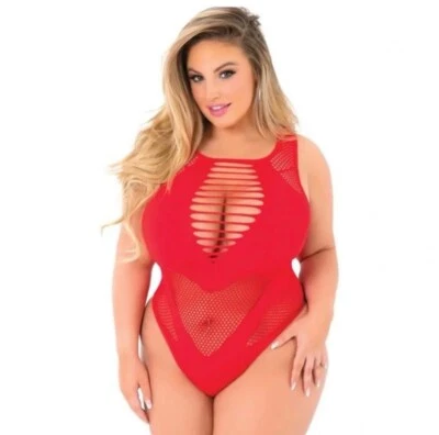 Body Red Fishnet Plus Talla Única Para Todos Cuello Alto Acanalado Recorte Tanga Nuevo con Etiquetas Foto 1 de 2