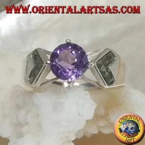 Anillo de Plata 925‰ con Amatista Natural Redondo Y Flecha En Marcasita - Imagen 1 de 2