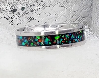 Anillo de ópalo talla 8 para hombre mujer verde y azul de acero inoxidable anillo de incrustación artesanal Foto 1 de 4