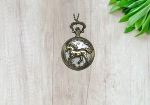Horse Pendant Pocket Watch Quartz Necklace Antique Bronze W/Chain - New - Picture 1 of 11