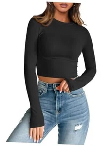 Womens Long Sleeve Crop Tops Basic Slim Fitted Shirts Casual Small Black - Picture 1 of 6