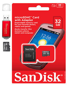SanDisk MicroSD HC 32GB 32G Micro SD Flash Memory Card w Adapter Red Card Reader