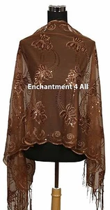 Handmade Lace Floral Pattern Scarf Shawl Wrap w Sequin & Crochet Fringe, Brown 2 - Picture 1 of 7