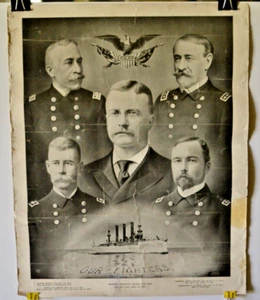 ANTIQUE 1901 OUR FIGHTERS PRESEDENT T ROSEVELT SUROUNDED WAR HEROES POSTER 20X16 - Picture 1 of 6