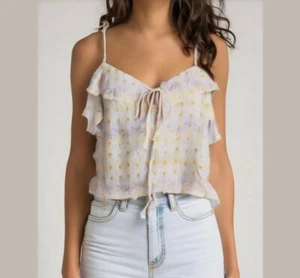 Pink Rose Pastel Boho Daisy Ruffle Tie Strap Camisole Crop Tank Top Size Large - Picture 1 of 14