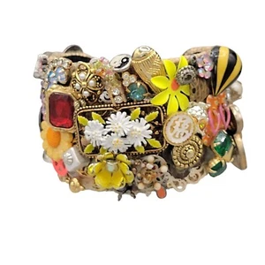 Handarbeit Manschette groß Statement Armband Perlen Blumen Strass Kristalle - Bild 1 von 13