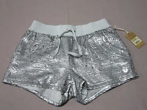 TRUE RELIGION WOMENS SEQUIN RUNNER SHORTS PALE AGAVE SILVER SHORTS SIZE MEDIUM - Picture 1 of 7