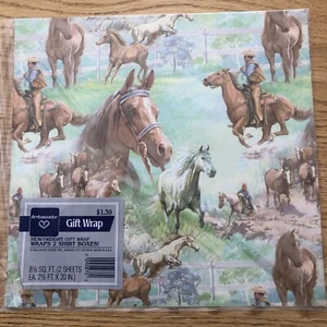Vtg Hallmark Gift Wrap 8 1/3" Sq. Ft. 2 Sheets Horses Cowboy Fence - Beautiful - Picture 1 of 8