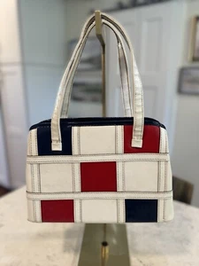 Vintage Leder blau/rot und cremefarbene Handtasche gebraucht - Bild 1 von 12