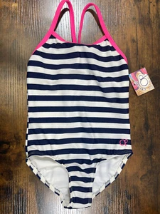 OP Girls White blue Striped One Piece Swimsuit Size 4-5 - Picture 1 of 3