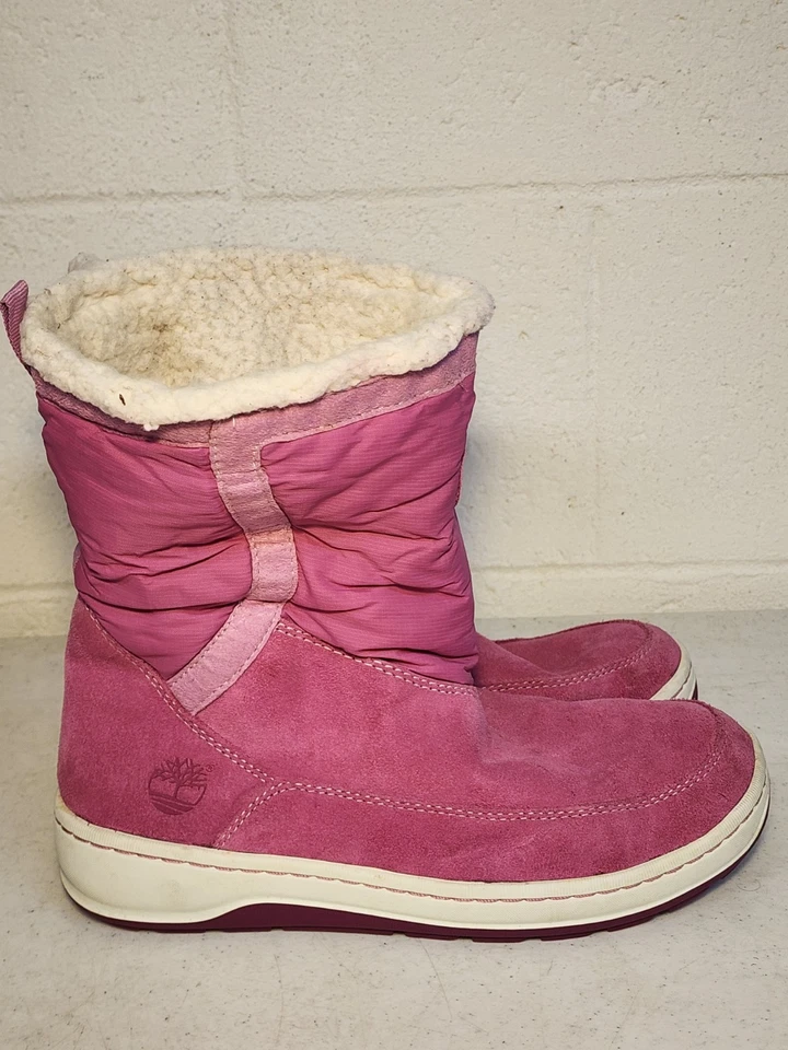 Timberland Girls Pull On Pink Suede Boots Size 4.5M Faux Sherpa Lined Fold Over - Image 1 of 4