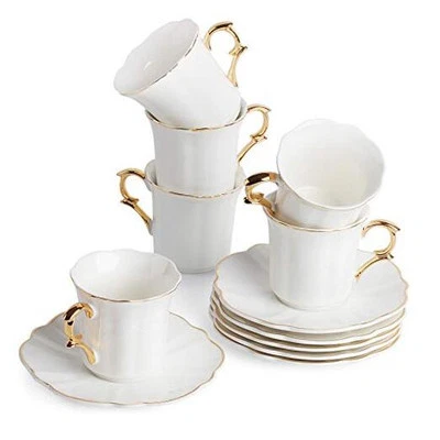 BTAT- 浓缩咖啡杯和茶碟,2.4 盎司,6 件套,金色装饰和礼品盒,  — 第 1/4 张图片