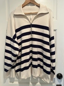 FREE PEOPLE  Women’s Coastal Stripe Pullover Sweater Half Zip M Navy Cream - Picture 1 of 11