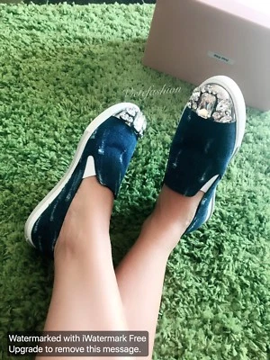 Alpargatas sin cordones Miu Miu azul denim y cristal nuevas en caja $850 talla 36 Foto 1 de 4